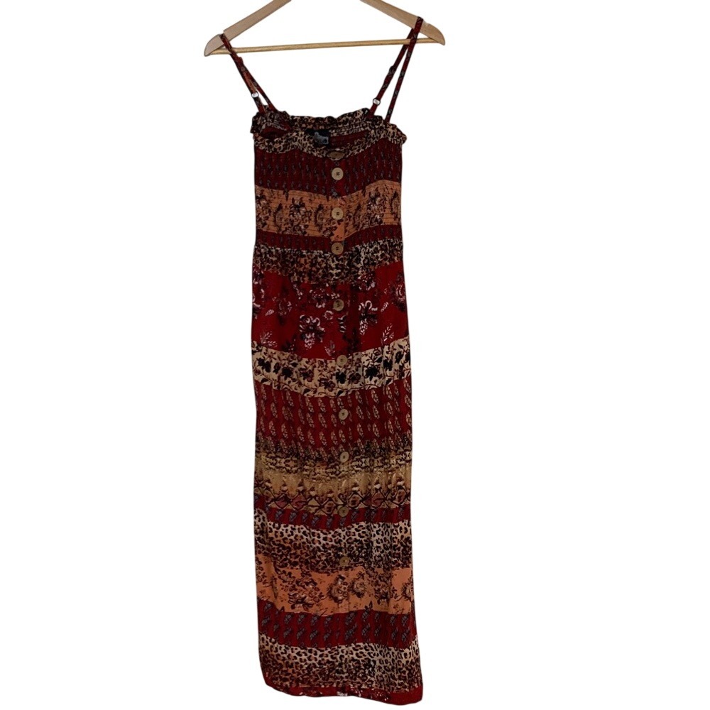 Angie Womens Bohemian Red Brown Smocked Upper Maxi Dress Size Large Festival
